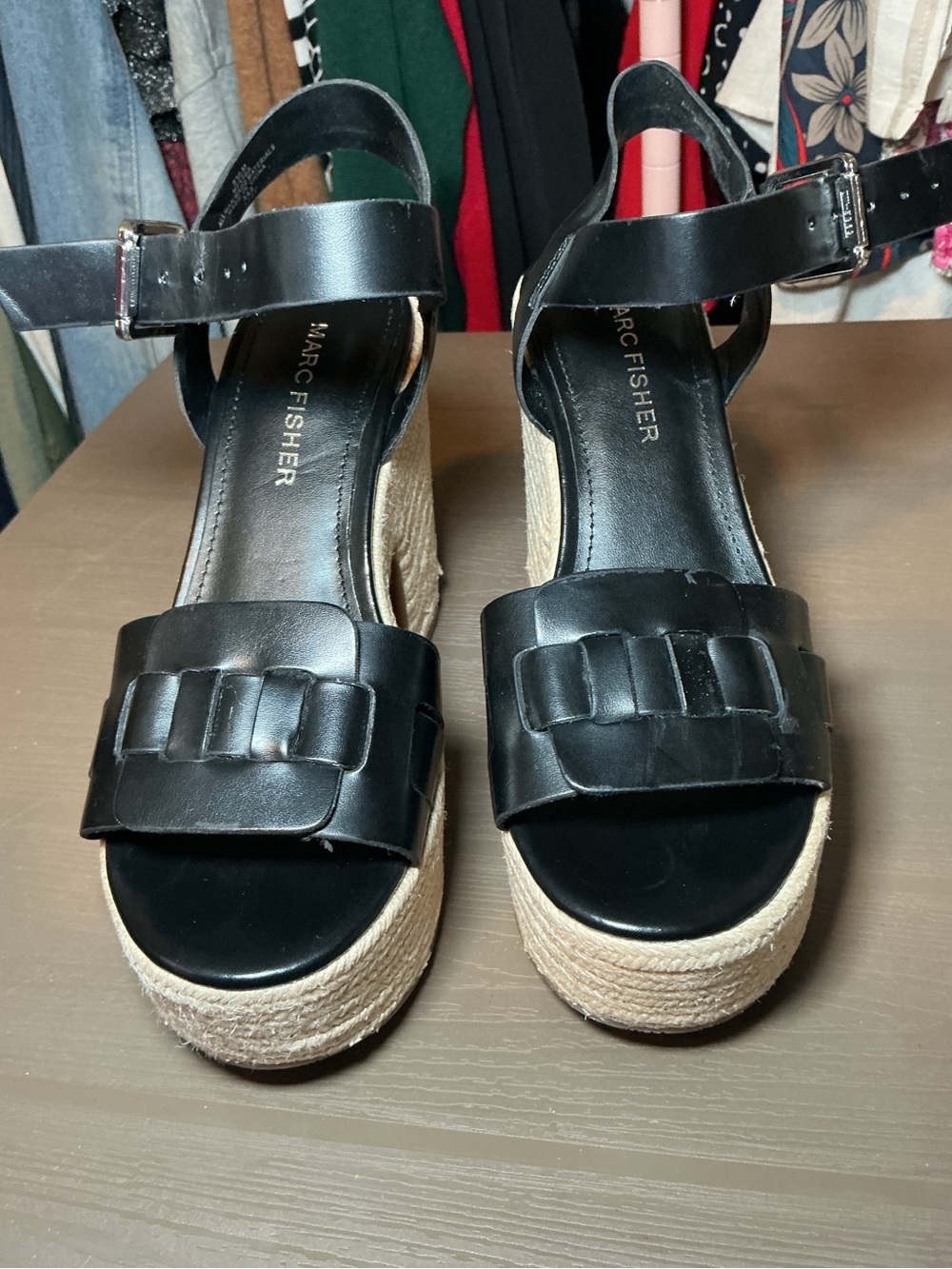 Black Leather Platform Espadrille Sandals - Picture 5 of 9